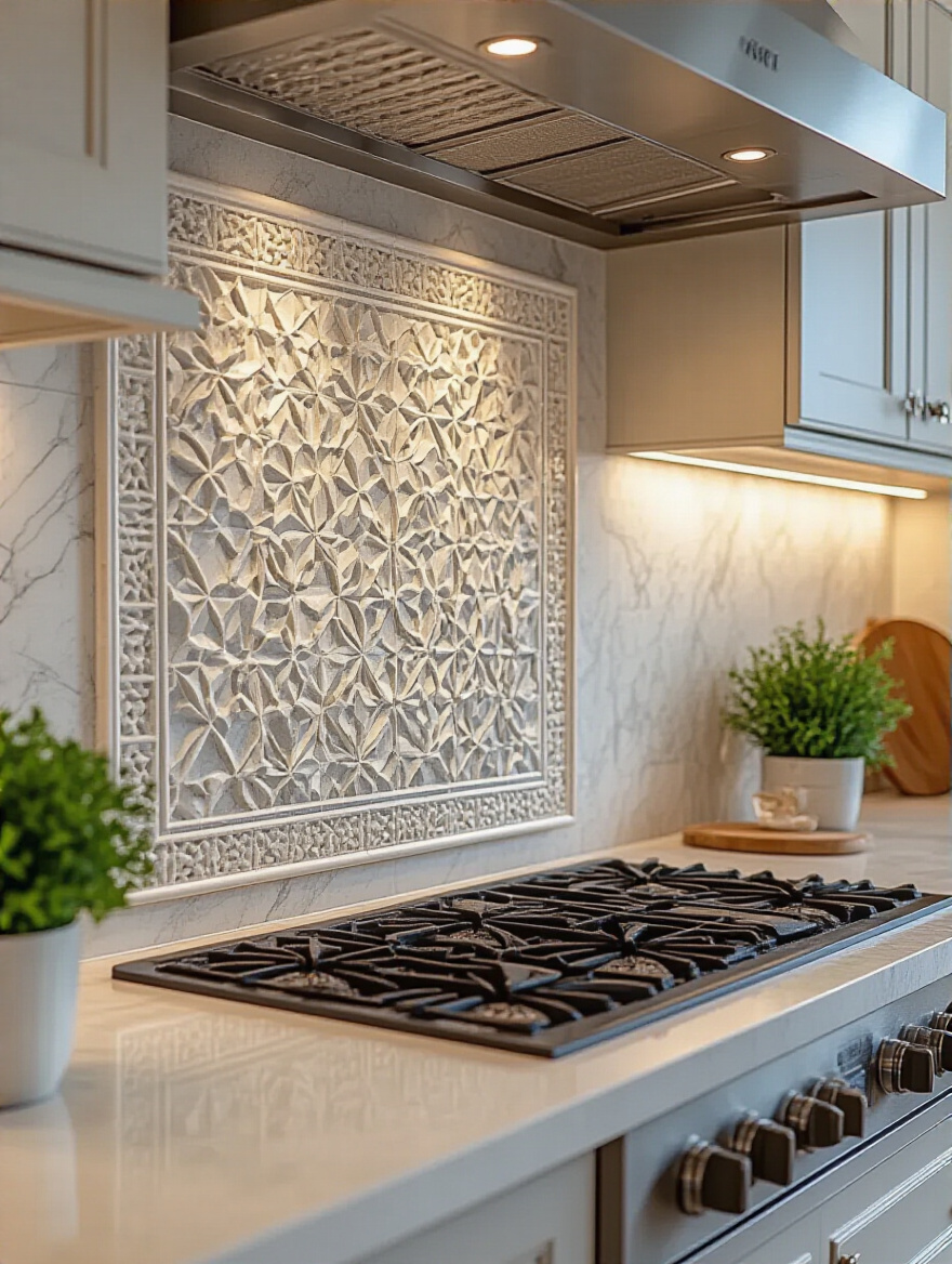 Close-up of a meticulously installed intricate marble mosaic kitchen backsplash, demonstrating professional craftsmanship and even grout lines.