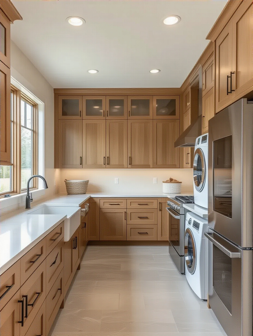 Portrait of a laundry room showing complementary or contrasting fixed finishes, with cabinetry, flooring, and appliances in harmony.