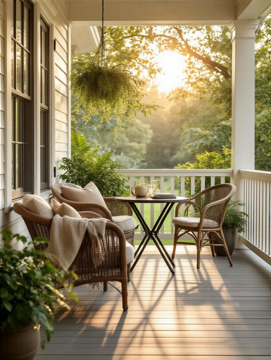 A beautifully arranged porch showcasing various activity zones with a plush armchair and a small bistro table, inspiring mindful porch furniture selection based on identified activities.