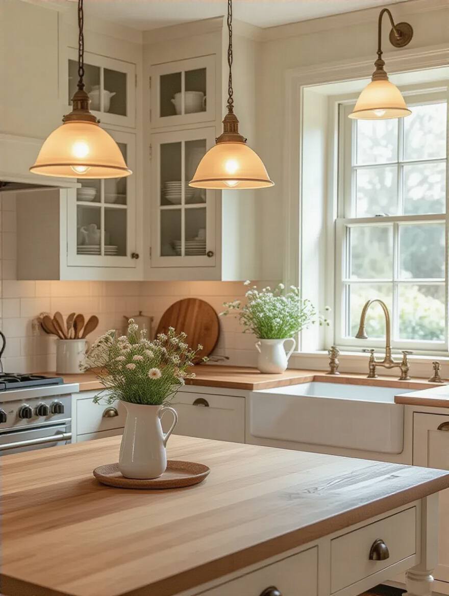 Cottage kitchen with pendant lights over island and sconces above sink, creating a warm, ambient glow with vintage-style fixtures.