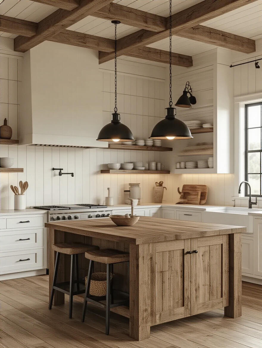 Vertical portrait of a warm farmhouse kitchen with layered lighting and rustic details, no people