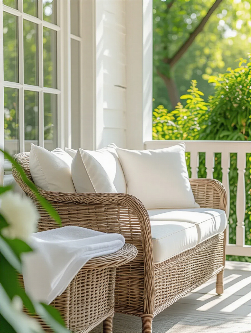 A pristine, sunlit porch featuring beautifully clean wicker furniture and a small side table, with a subtle cleaning cloth, showcasing effective porch furniture cleaning and maintenance for a fresh appearance.