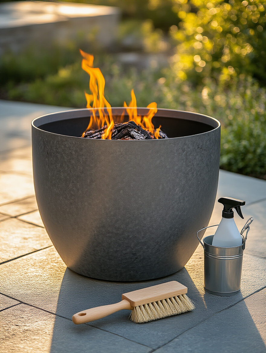 A pristine, clean outdoor firepit under warm morning light, with cleaning tools like an ash bucket and brush neatly arranged next to it on a patio.