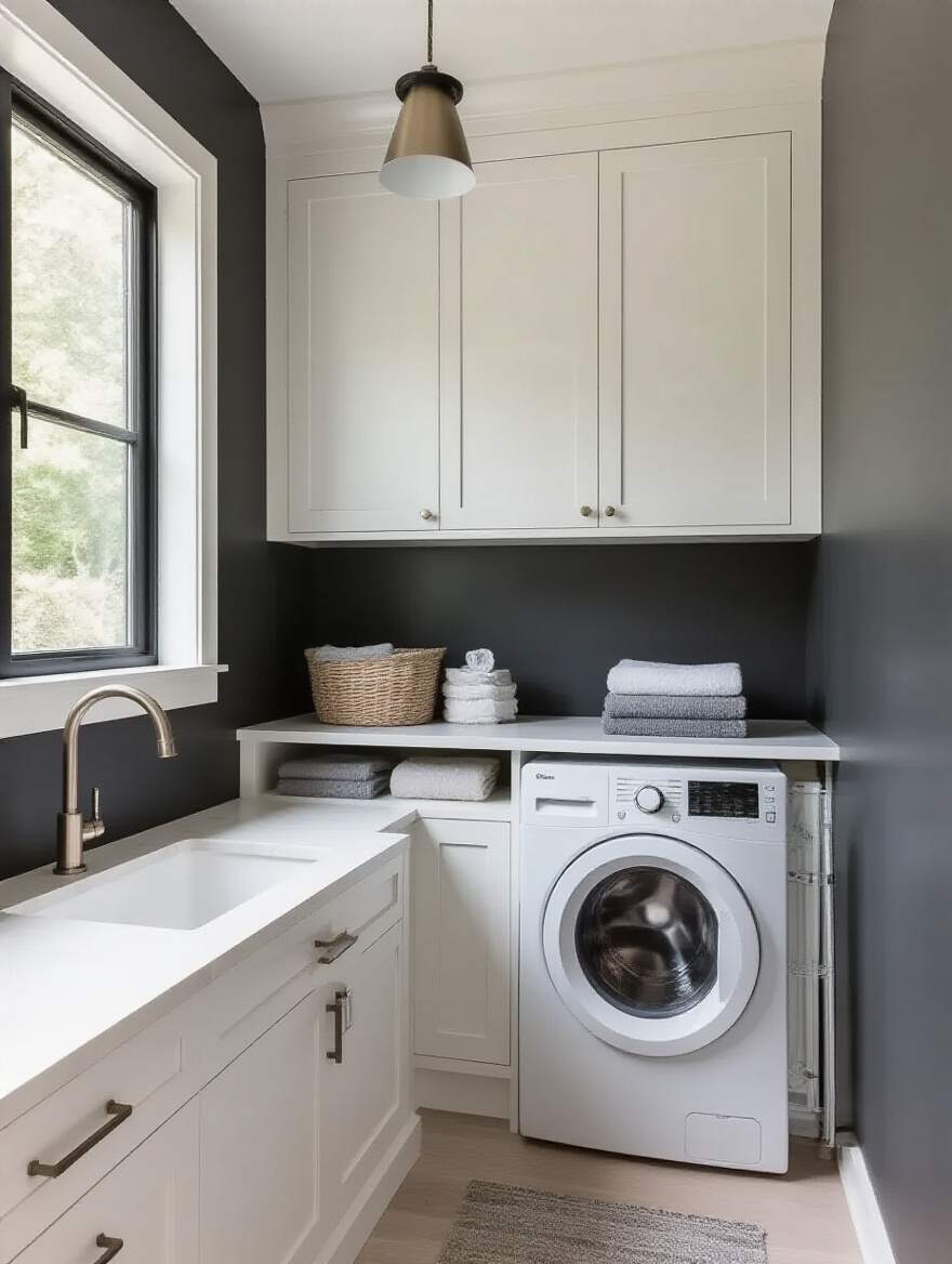 Portrait view of a laundry room with a two-tone wall split (light upper, dark lower) and modern fixtures.
