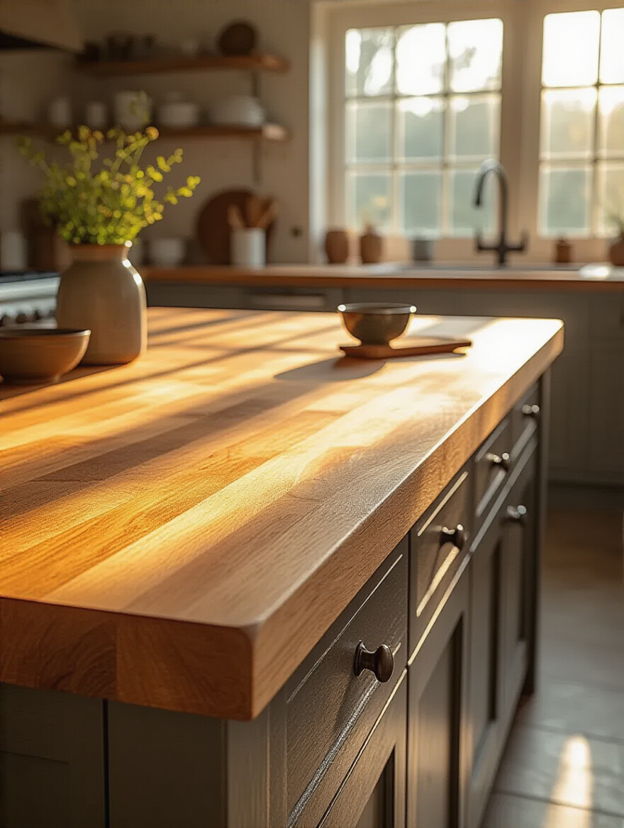 Close-up of a beautifully sealed butcher block farmhouse kitchen island countertop, showcasing a durable, high-performance finish reflecting warm sunlight, emphasizing protection and longevity.