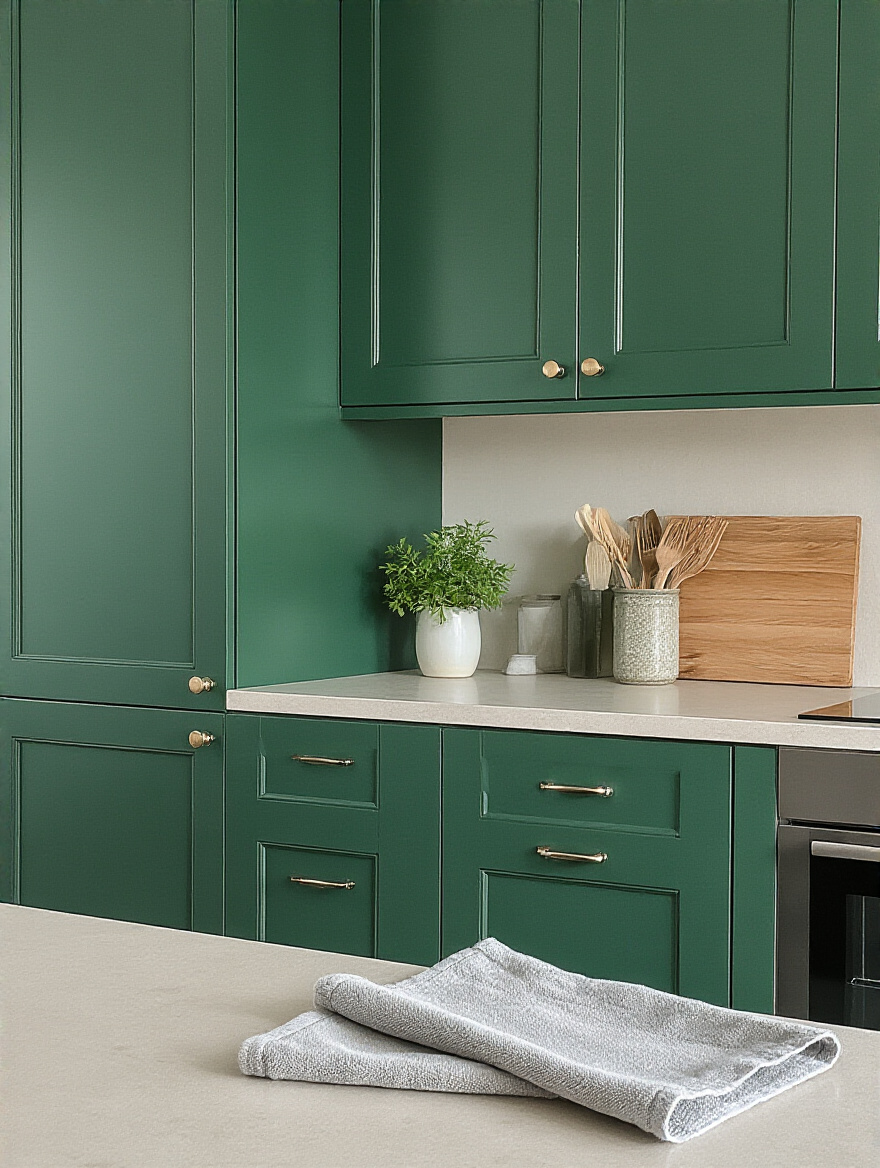 Vertical, professional studio-style shot of a modern kitchen corner featuring vivid emerald-green cabinet doors with a smooth satin finish. No people, no text in frame. The scene emphasizes cabinet luster with soft reflections along beveled panels. In the foreground, a pale gray microfiber cloth rests on a light stone countertop near the cabinet, suggesting a routine wipe-down. Lighting: diffused key light from the upper right to create gentle highlights on the cabinet surfaces, with a soft fill from the left to reduce shadows and a subtle backlight to separate the cabinet from a neutral background. Camera: eye-level perspective with a slight three-quarter angle, 85mm-equivalent focal length, vertical 9:16 composition, aperture around f/2.8 to keep the front panel sharp and the background softly blurred. Color grading: natural greens with warm white balance; pristine, slightly glossy finish with no fingerprints. Ensure no logos or text are visible. The mood should feel calm, clean, and professional, conveying routine maintenance to preserve cabinet luster.
