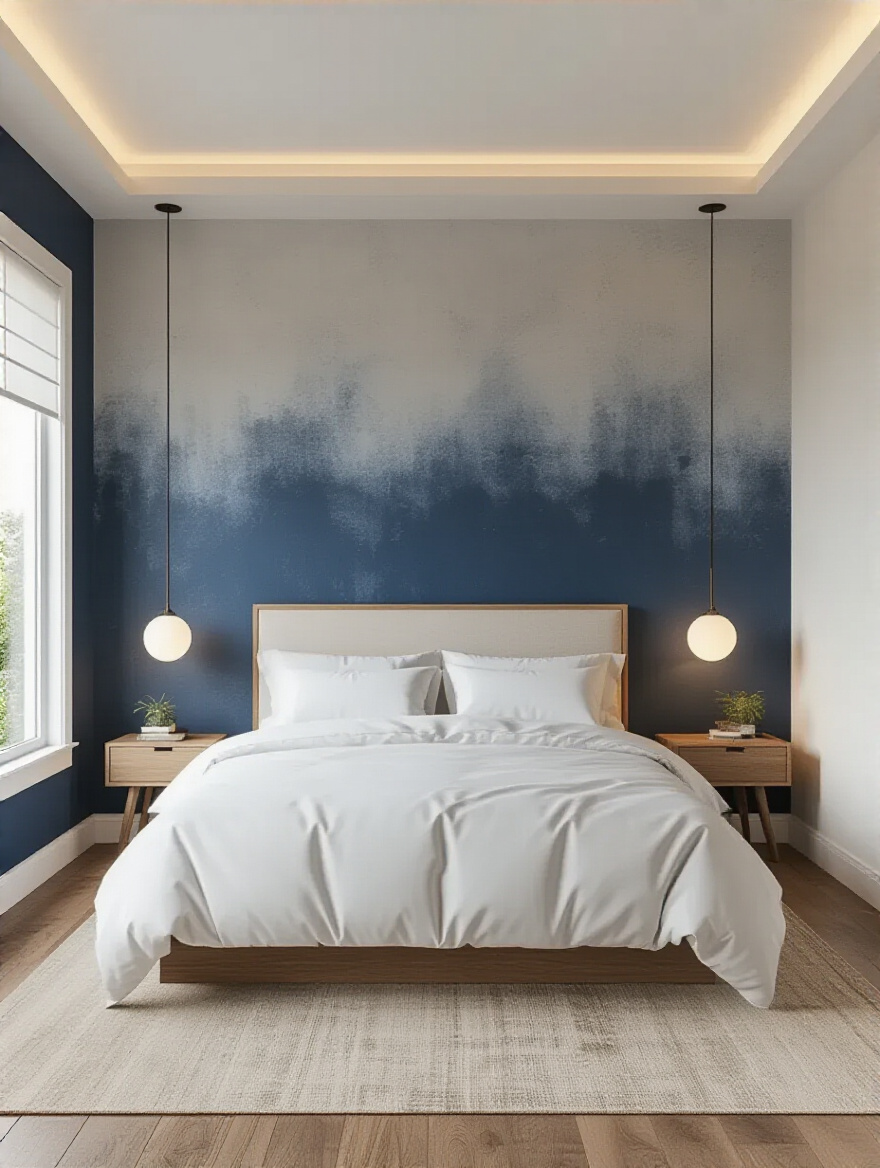 Bedroom with bold navy accent wall behind bed adding depth