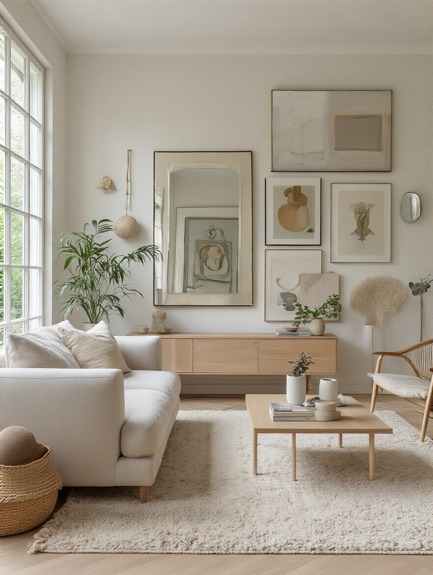 Gallery wall of art with a large decorative mirror in a modern living room