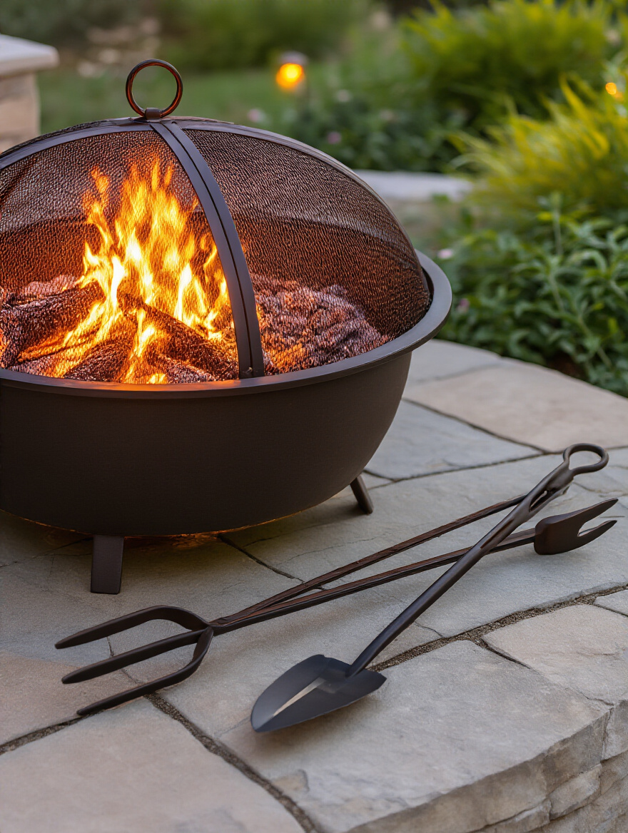 A sturdy mesh spark screen covering a lit firepit with a set of long-handled wrought iron firepit tools, including a poker and tongs, laid on a stone patio, emphasizing essential fire safety accessories.