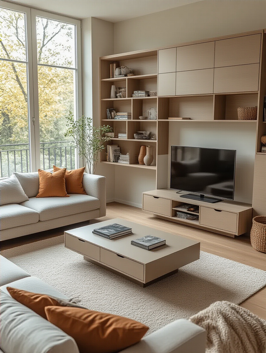 Modern living room with stylish hidden storage coffee table, built-in shelving, and console drawers, showcasing effective clutter management.
