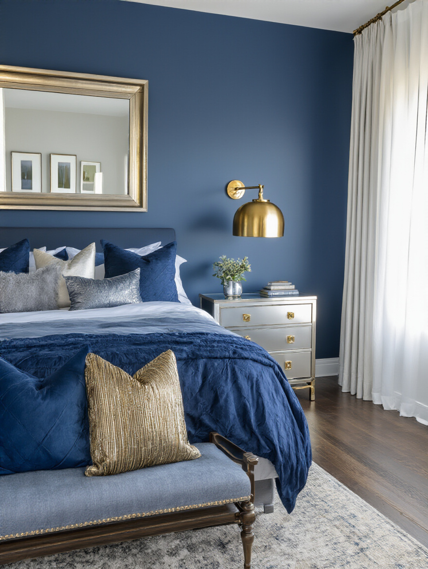 Portrait view of blue bedroom with gold and silver metallic accents