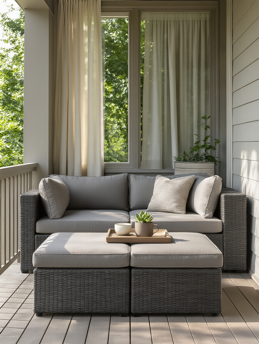 A compact porch with a stylish multi-functional storage bench, cushions, and a small potted plant, demonstrating efficient use of space.
