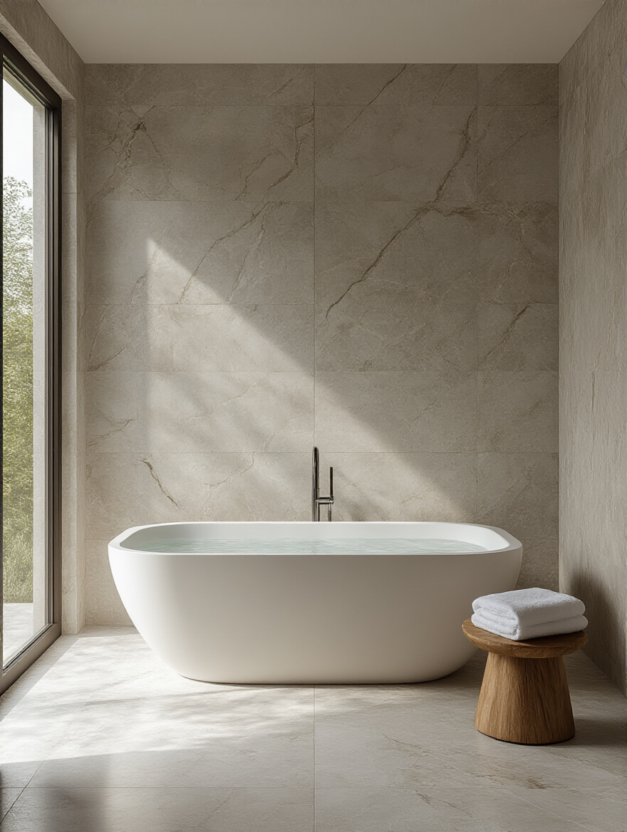 Luxurious bathroom floor featuring large format natural marble stone tiles, a freestanding tub, and elegant vanity for a high-end, unique aesthetic.