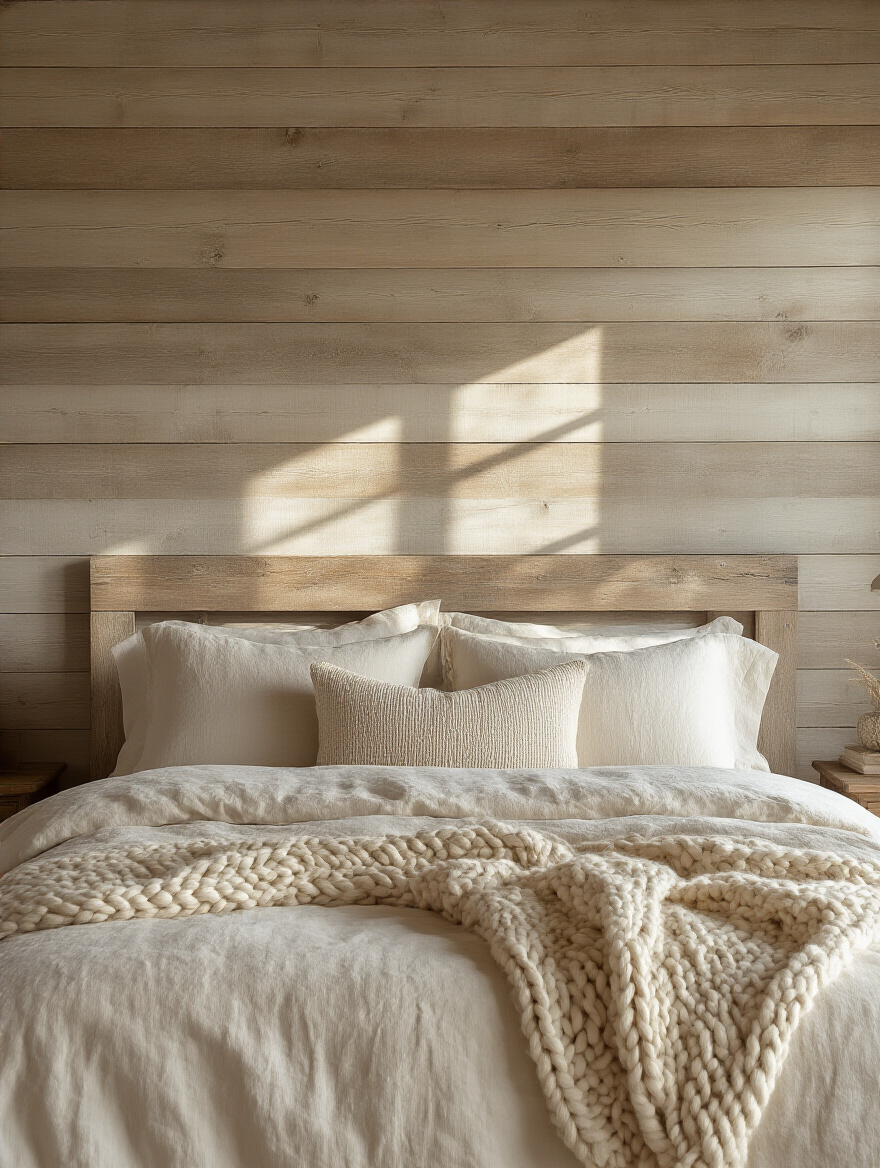 Rustic bedroom with a natural wood shiplap accent wall behind the bed, light weathered finish, cozy cream bedding, soft natural light.
