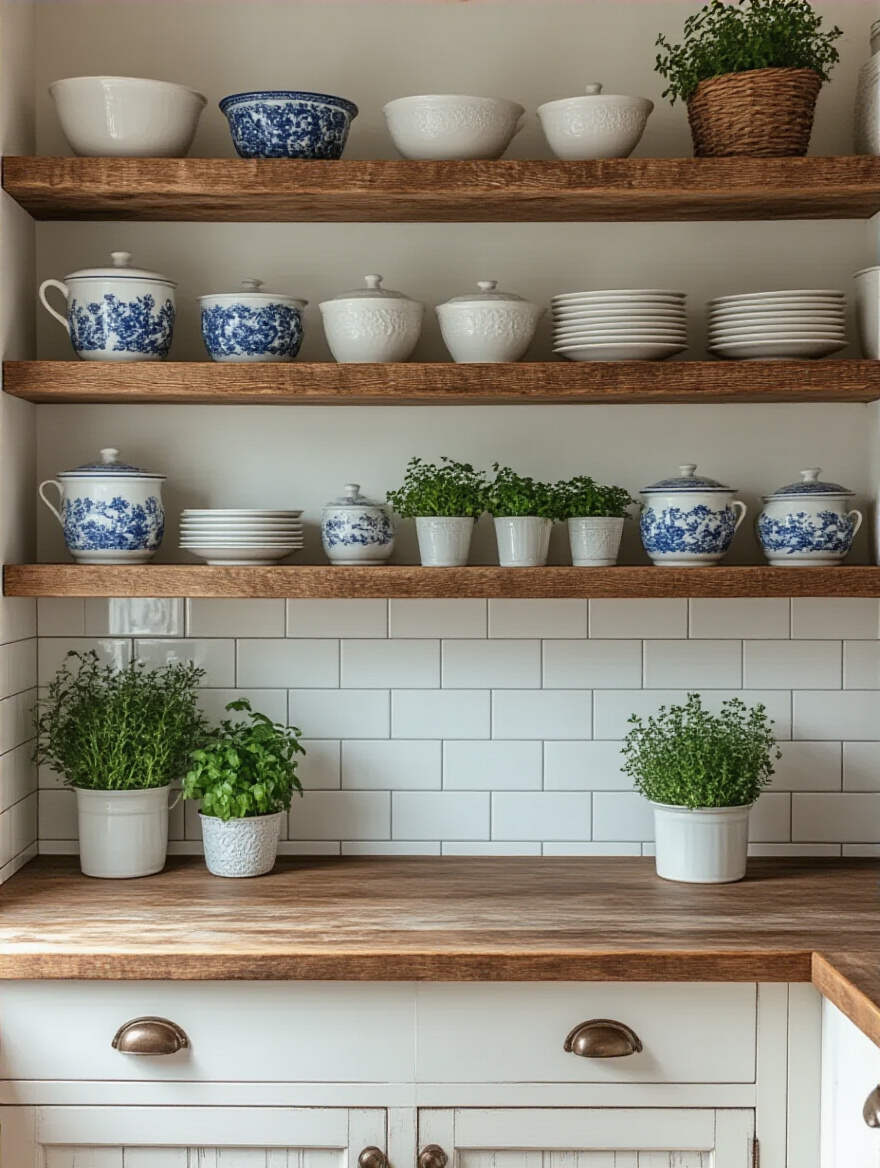 Cottage kitchen with open reclaimed wood shelving displaying blue and white ceramics, white dinnerware, and potted herbs, bathed in natural light.