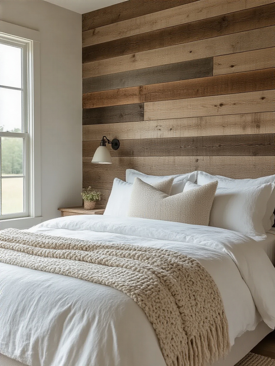 A cozy farmhouse bedroom featuring a reclaimed barnwood plank accent wall behind a white linen bed, showcasing rustic texture and warm tones.