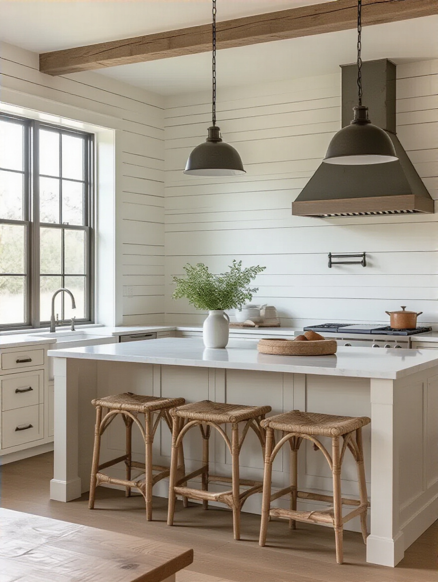 Portrait view of a farmhouse kitchen with shiplap accent wall and beadboard island paneling