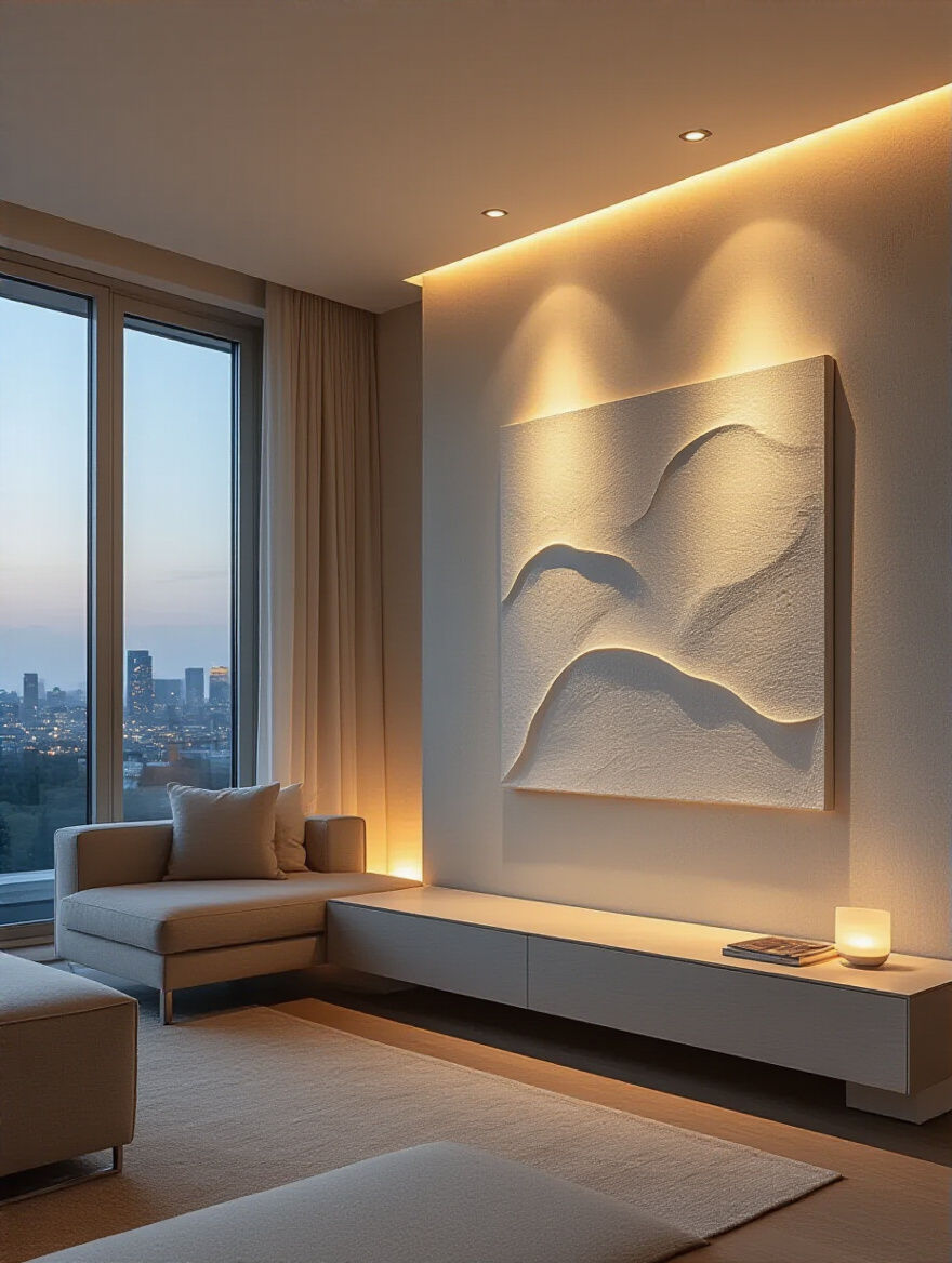 A modern living room at dusk with warm uplighting accentuating a textured feature wall and recessed spotlights highlighting abstract art, demonstrating strategic accent lighting for mood and function.