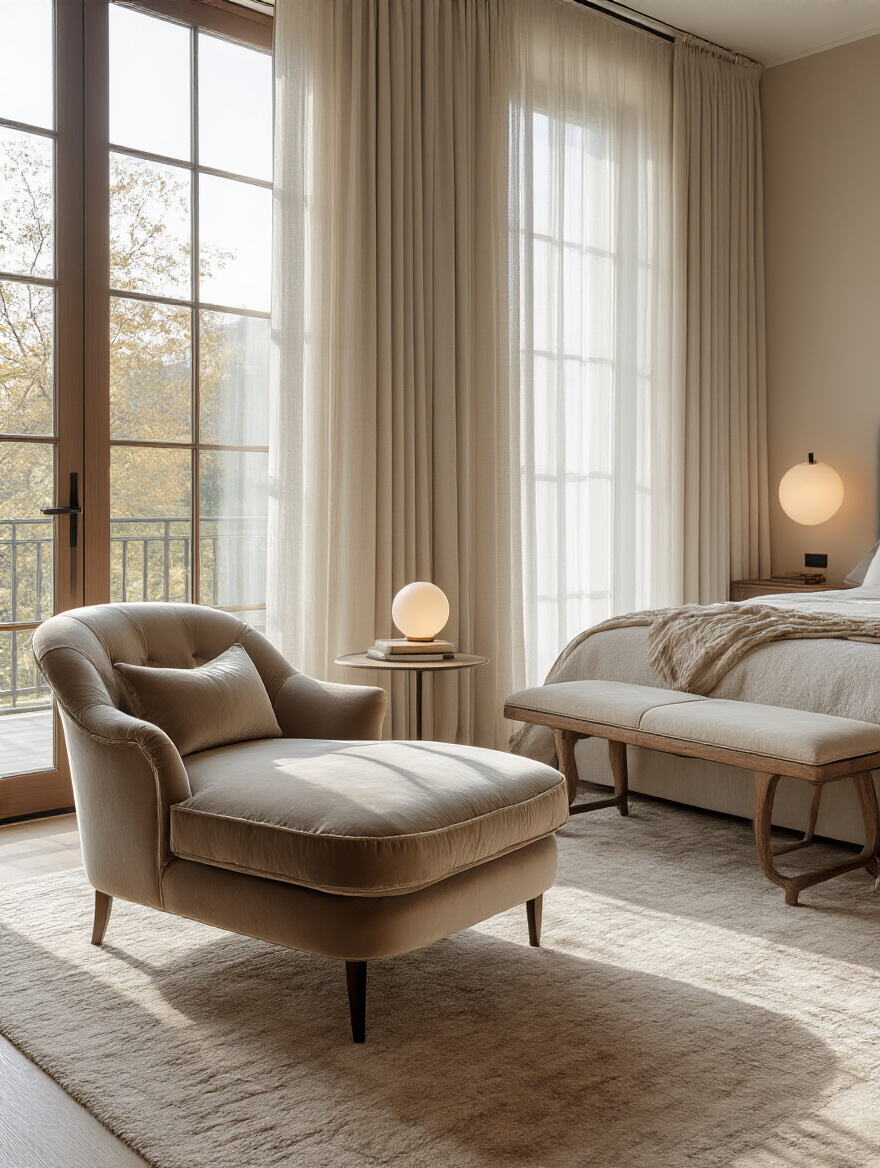 Bedroom seating zone with velvet chaise lounge and bench creating versatile comfort zones