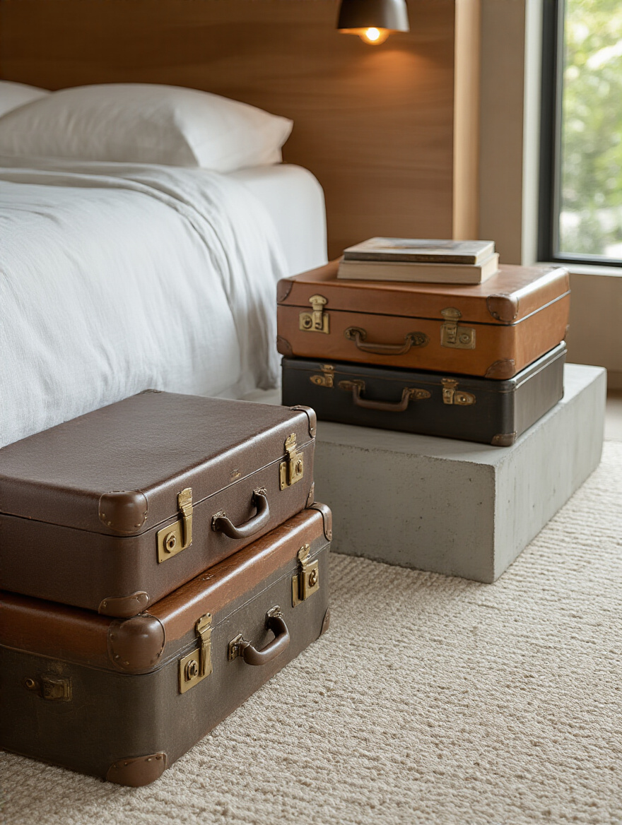 Portrait view of a serene modern bedroom with sculptural nightstands as art elements beside a bed