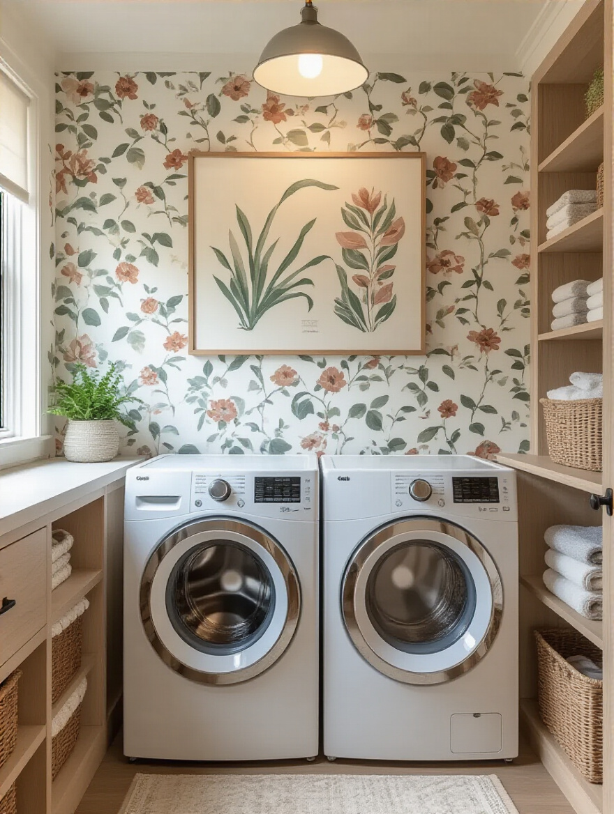 Laundry room with wall art and wallpaper accent