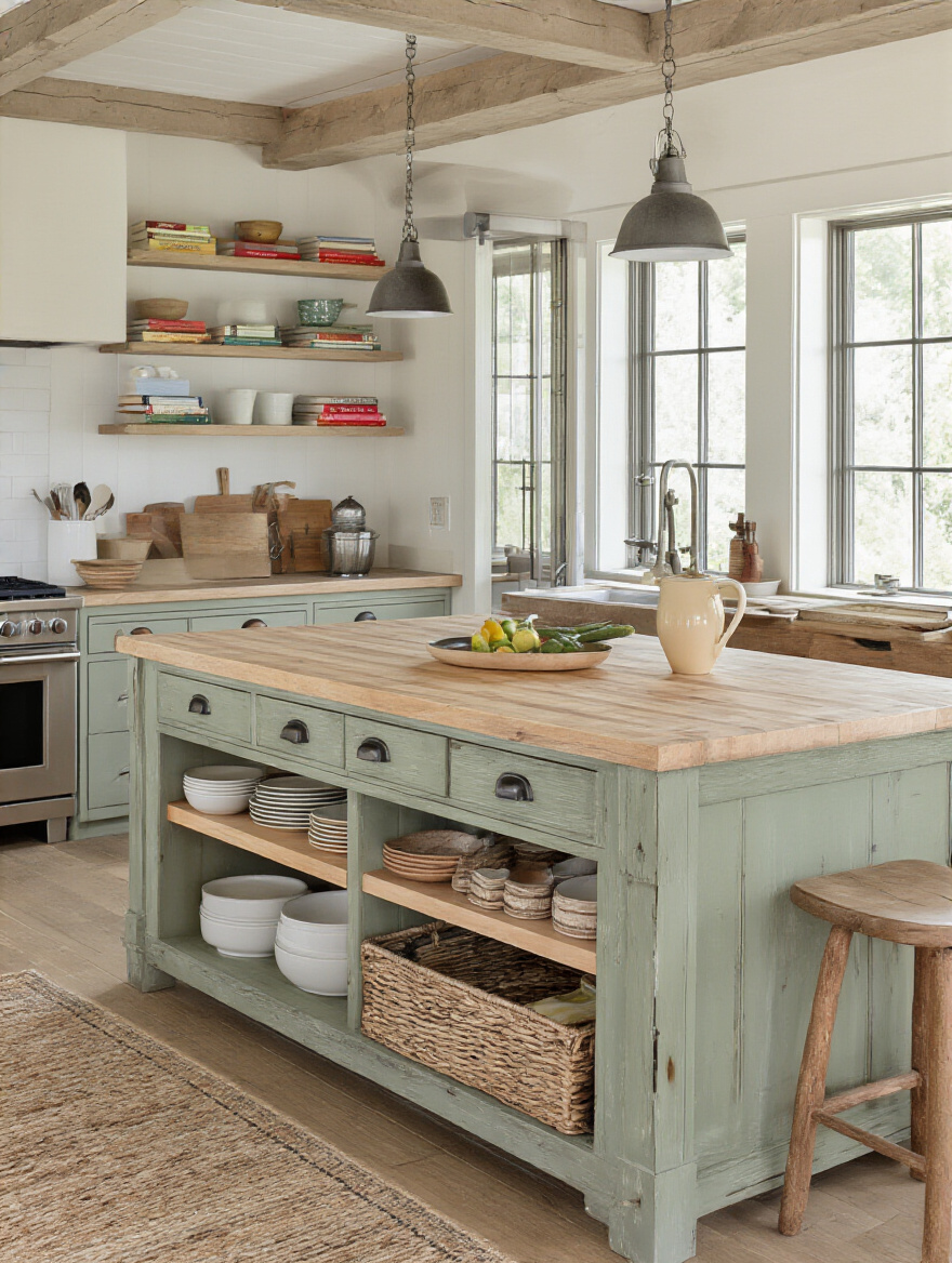 Farmhouse kitchen island featuring light distressed wood and sage green cabinetry, with a butcher block countertop, showcasing deep pull-out drawers with white dinnerware, shallow cutlery drawers, and open shelving styled with cookbooks, highlighting diverse built-in storage solutions.