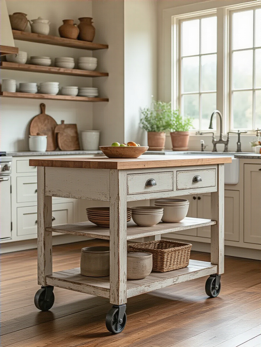 A rustic mobile farmhouse kitchen island with a butcher block top and industrial casters in a bright farmhouse kitchen, highlighting flexible layout options.