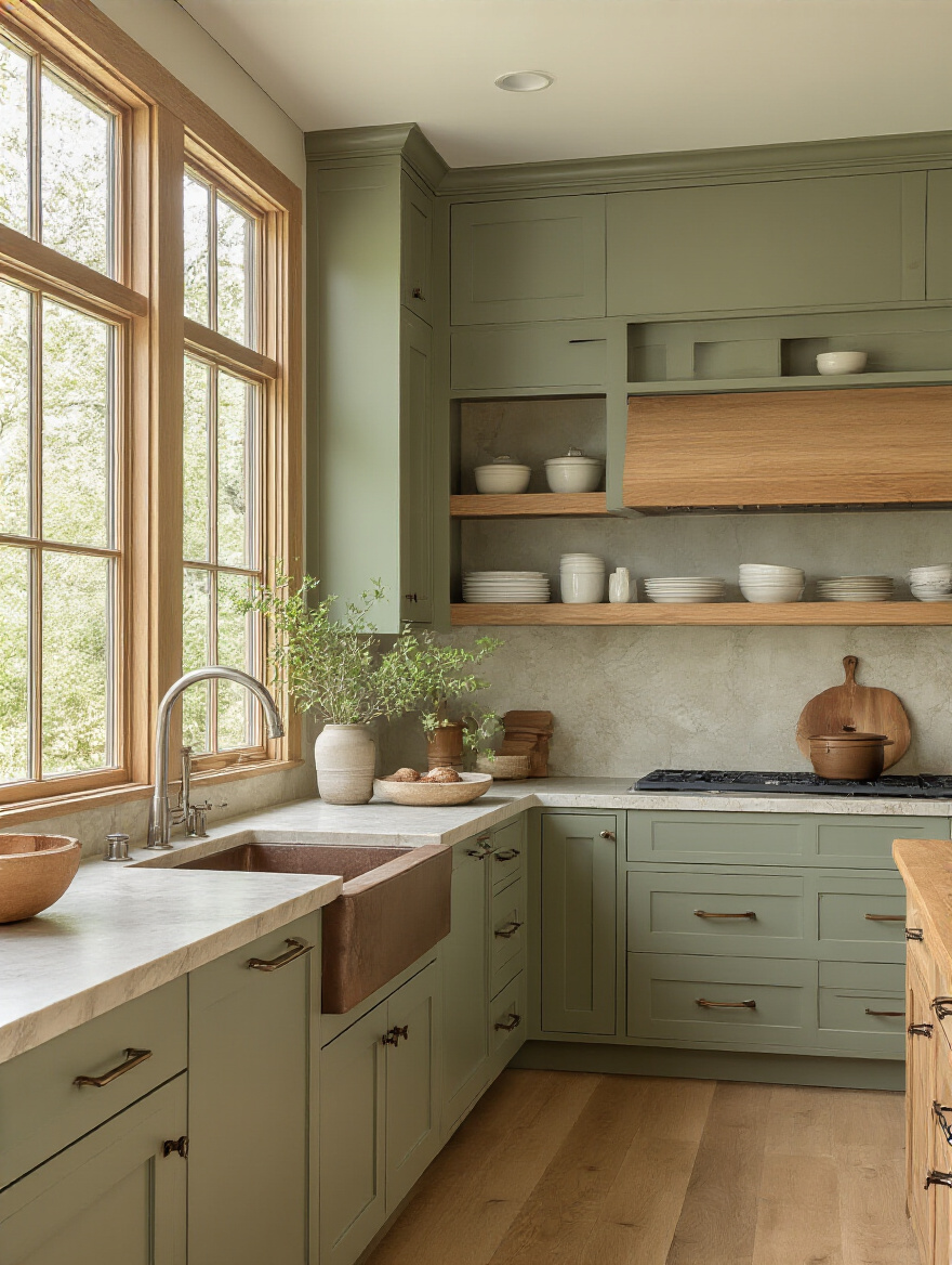 Green kitchen with wood accents, stone countertops, and live plants in a biophilic design