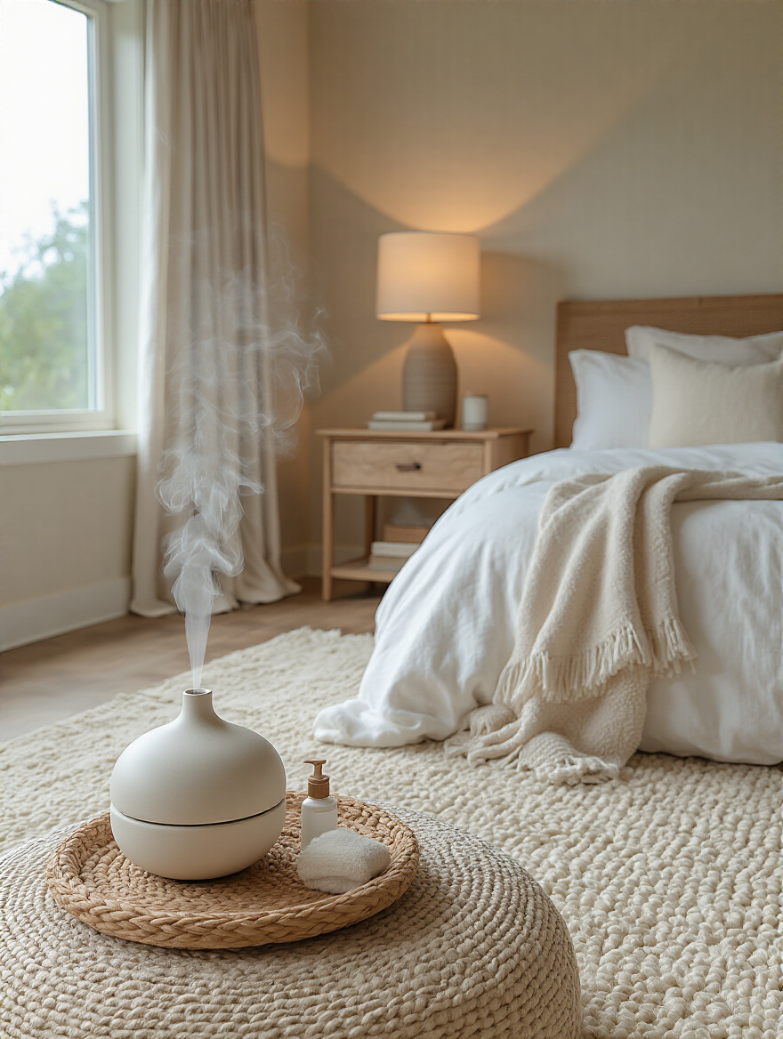 Tranquil bedroom setup with diffuser, textures, and soft lighting for sensory relaxation