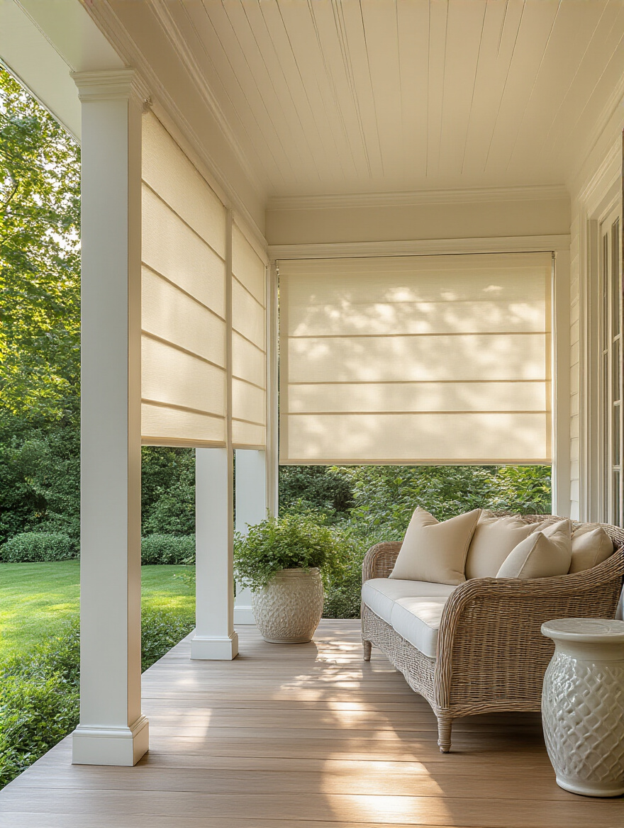 A serene porch setting with cream retractable shades deployed, providing sun protection and privacy to comfortable outdoor seating, creating an inviting space.