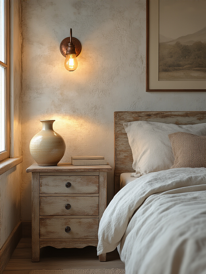 Rustic bedroom with warm ambient lighting, distressed wood bedside lamp, and hammered copper wall sconce, creating a cozy and inviting atmosphere.