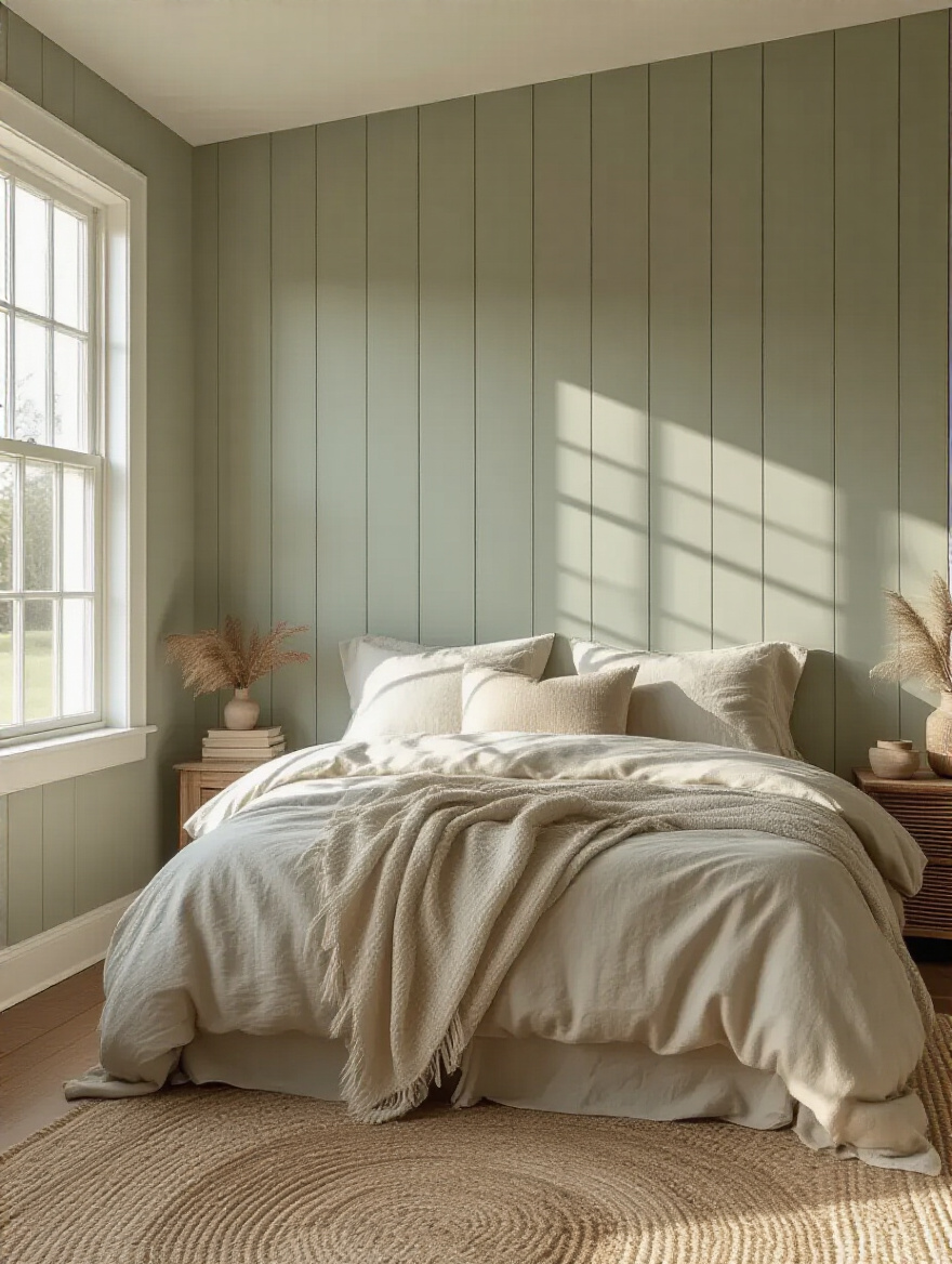 Farmhouse bedroom with a vertical sage green shiplap accent wall, cozy linen bedding, natural light.