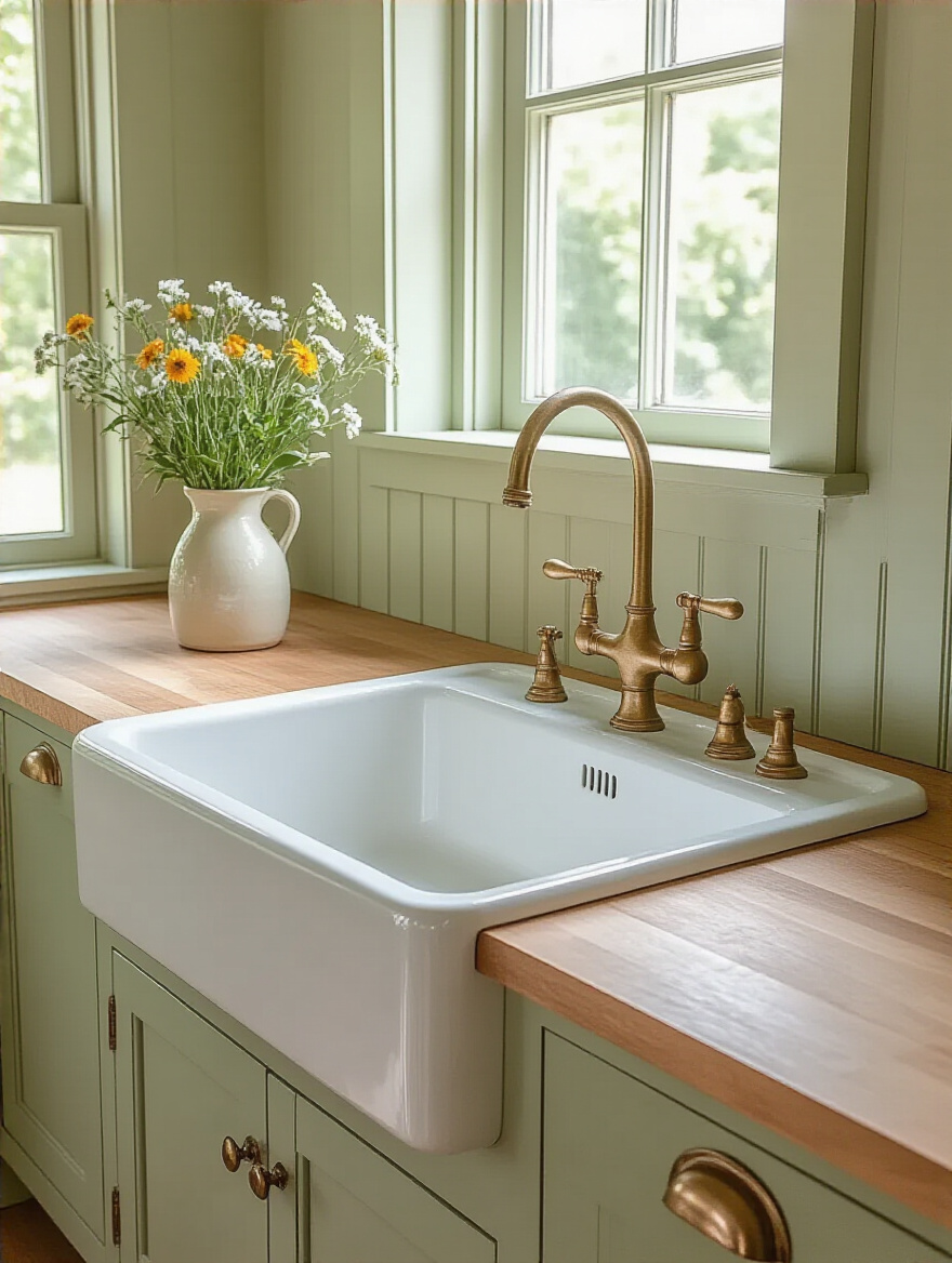 White fireclay farmhouse sink serving as a central focal point in a charming cottage kitchen, surrounded by sage green beadboard cabinetry and natural butcher block countertops, with a warm brass faucet under a sunlit window.