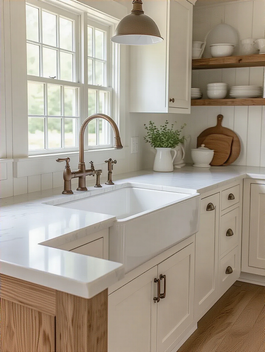 Portrait of a farmhouse kitchen sink with an iconic apron-front