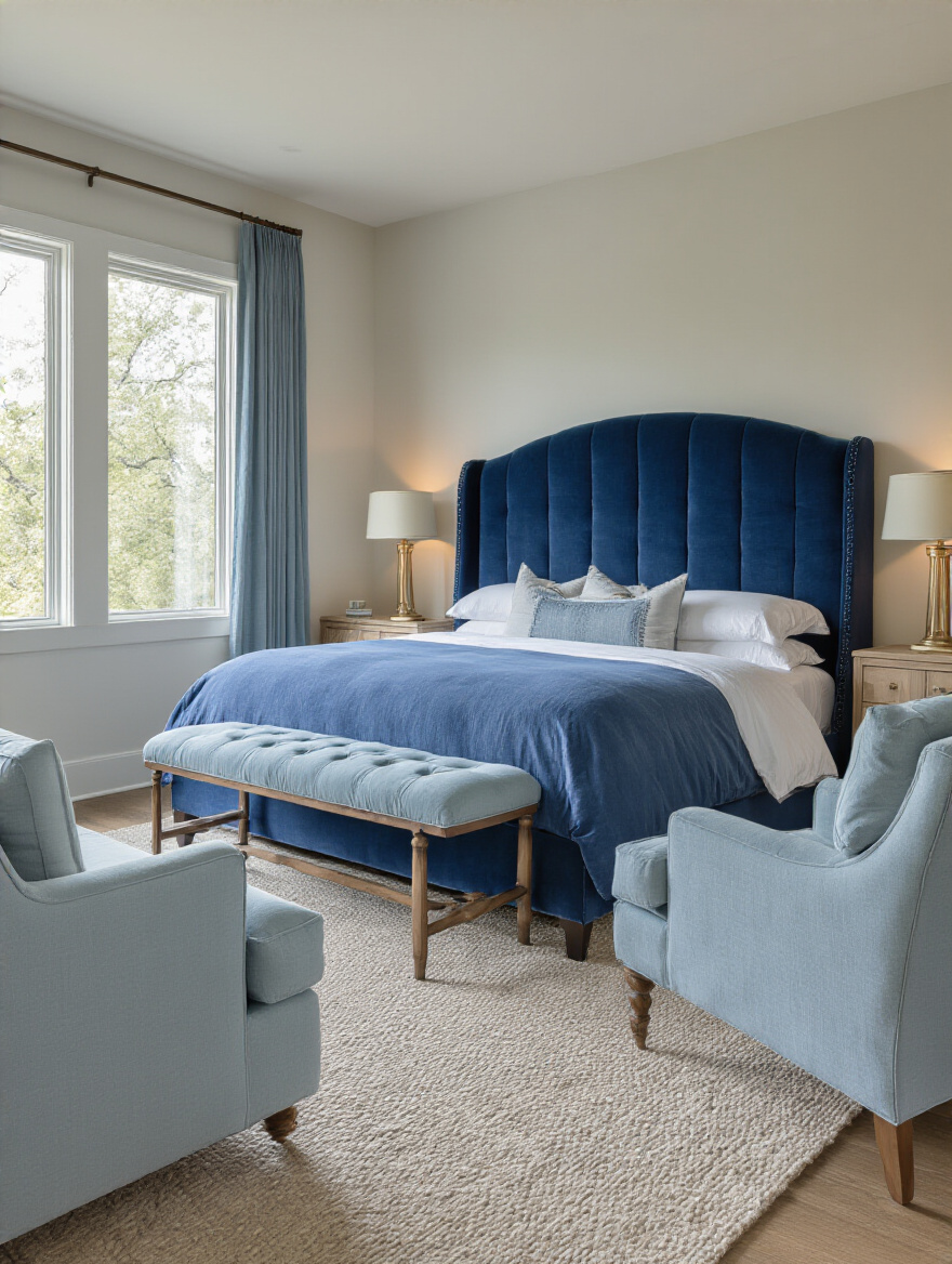 Blue upholstered headboard and chair in a serene blue bedroom