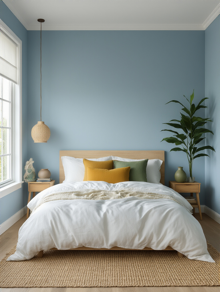Blue bedroom with green and yellow accents, tranquil lighting