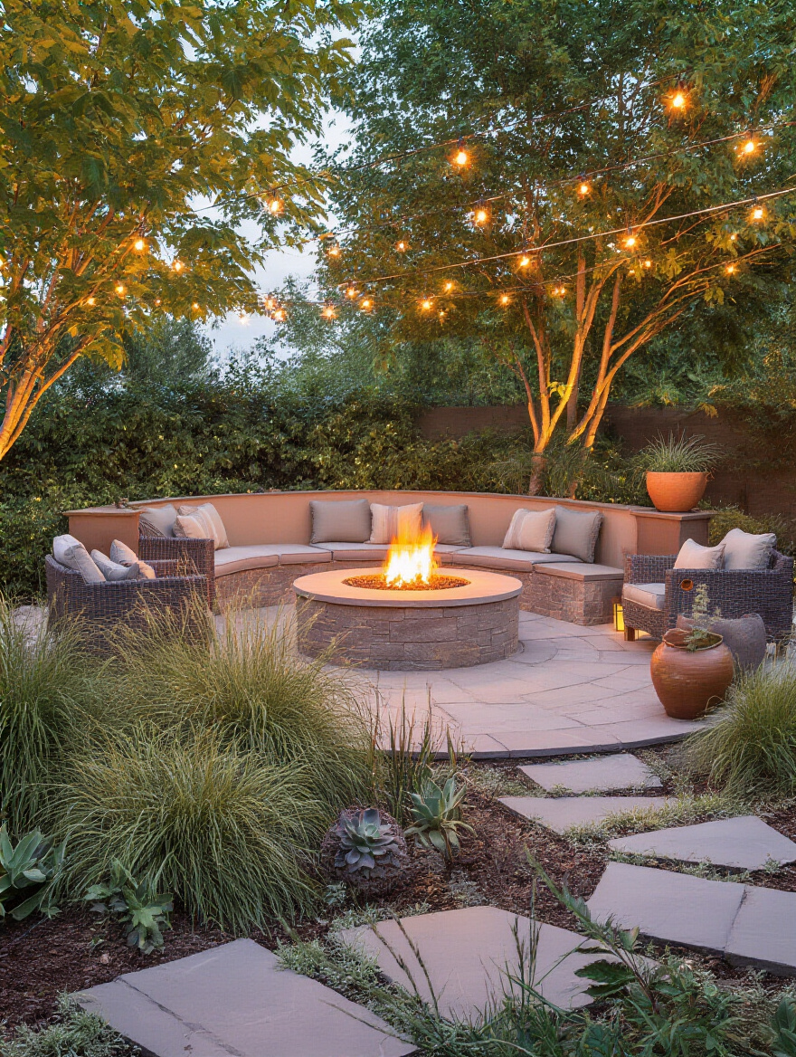 Elegant outdoor firepit with integrated flagstone patio, ornamental grasses, compact shrubs, and string lighting. Cozy and well-landscaped backyard entertaining area at dusk.