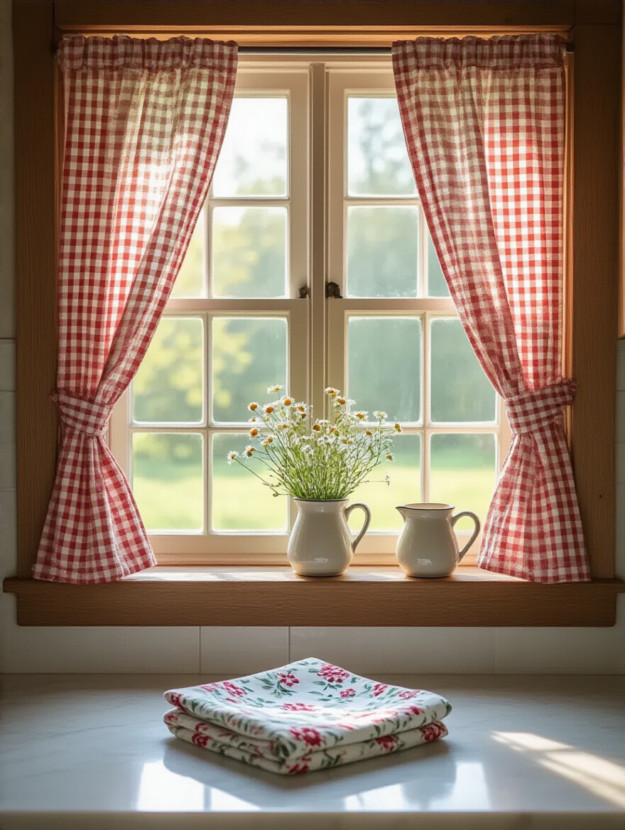 A cottage kitchen window with red and white gingham cafe curtains, a rustic ceramic pitcher with wildflowers on the sill, and a floral patterned dish towel on the counter, emphasizing a homely feel.