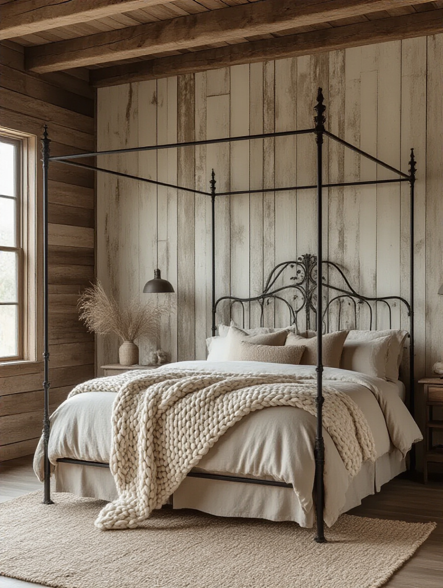 A rustic bedroom featuring a grand black forged iron canopy bed frame, dressed in neutral linen bedding, against a distressed wood plank wall, showcasing dark metal accents for a timeless design.