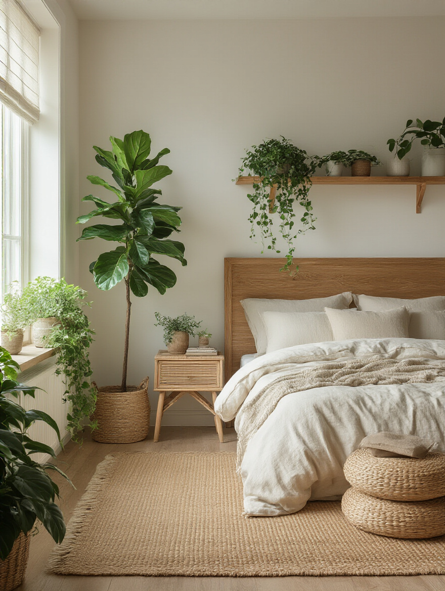Serene bedroom with greenery and natural textures