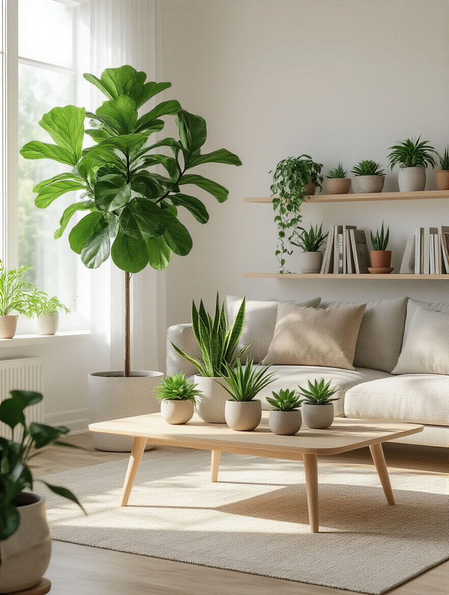 A modern living room featuring a large Fiddle Leaf Fig tree, a coffee table with several small potted plants including Pothos and Snake Plant, and a bookshelf adorned with succulents, all under soft natural light.