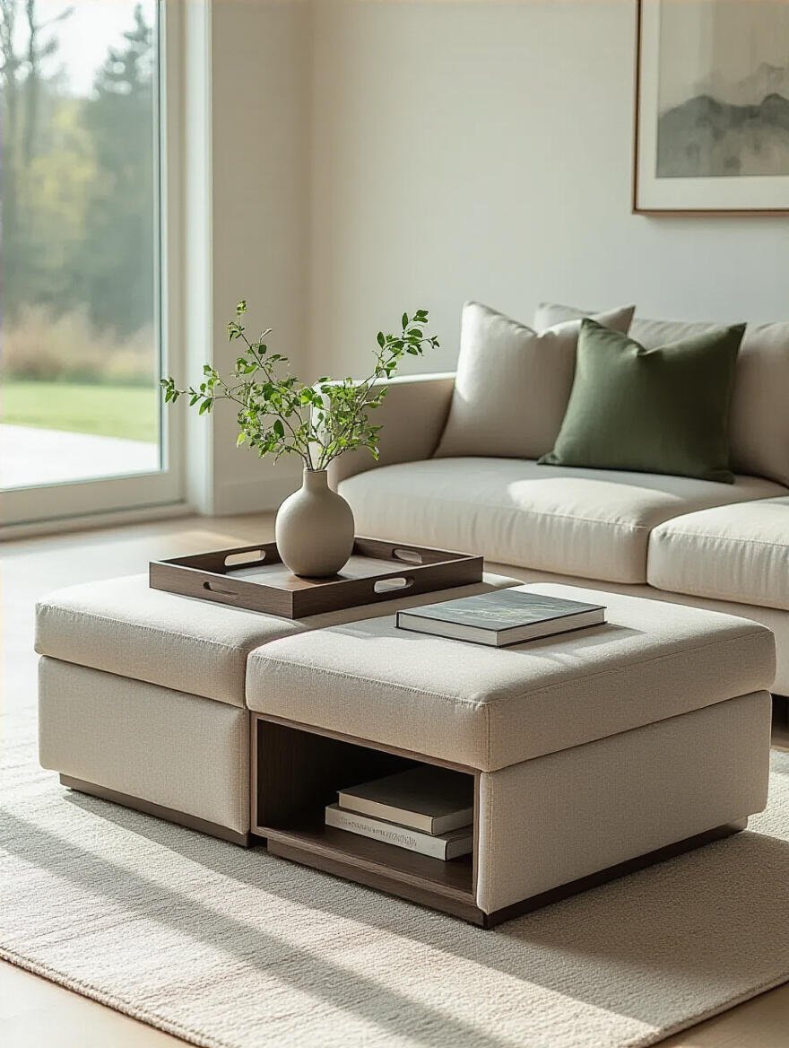 Modern living room featuring a stylish multi-functional coffee table and ottoman with hidden storage, sleek design, and natural lighting.