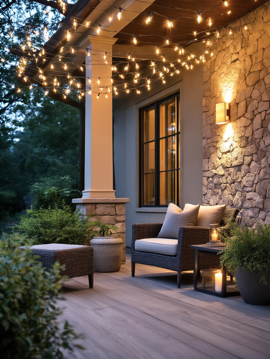 A beautifully illuminated porch at dusk, featuring elegant string lights overhead, modern wall sconces, and subtle accent lighting on plants, creating a cozy and inviting evening ambiance with comfortable outdoor furniture.