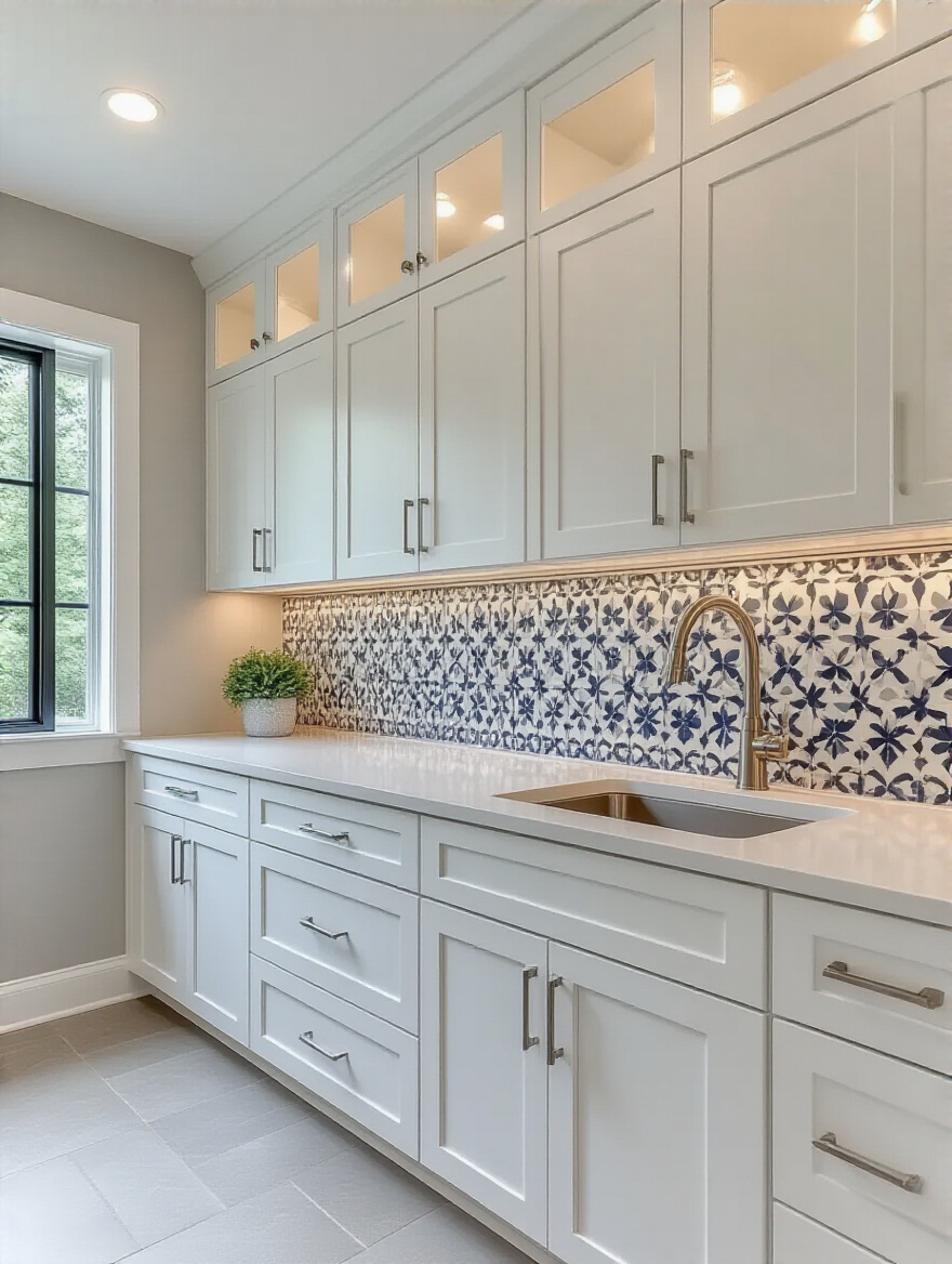 Laundry room with patterned tile backsplash focal point