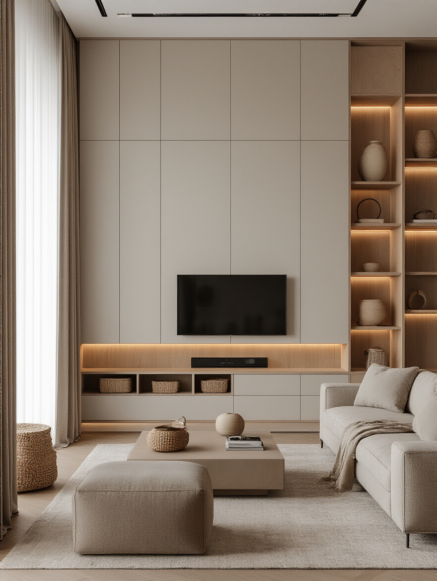 Portrait of a living room with integrated storage and stylish flair