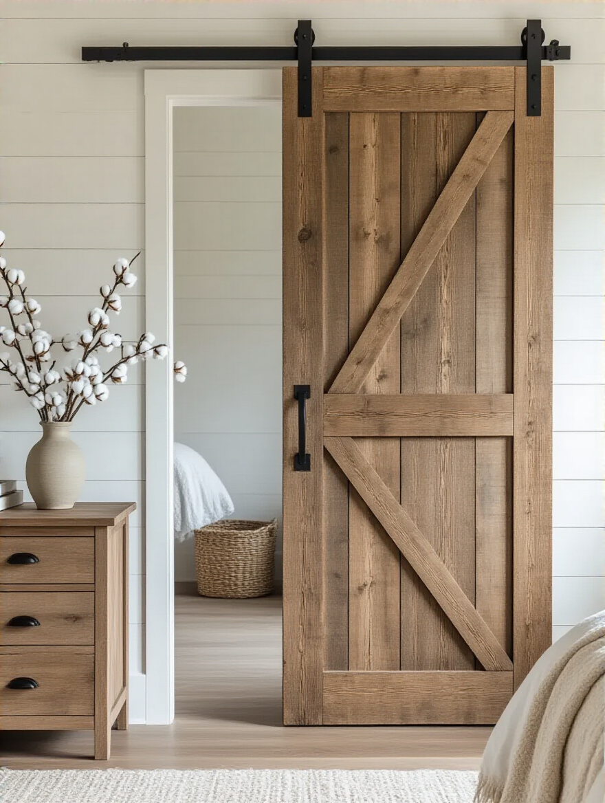 Rustic sliding barn door made of distressed wood with matte black hardware, serving as an entryway to a closet or ensuite in a bright farmhouse bedroom.