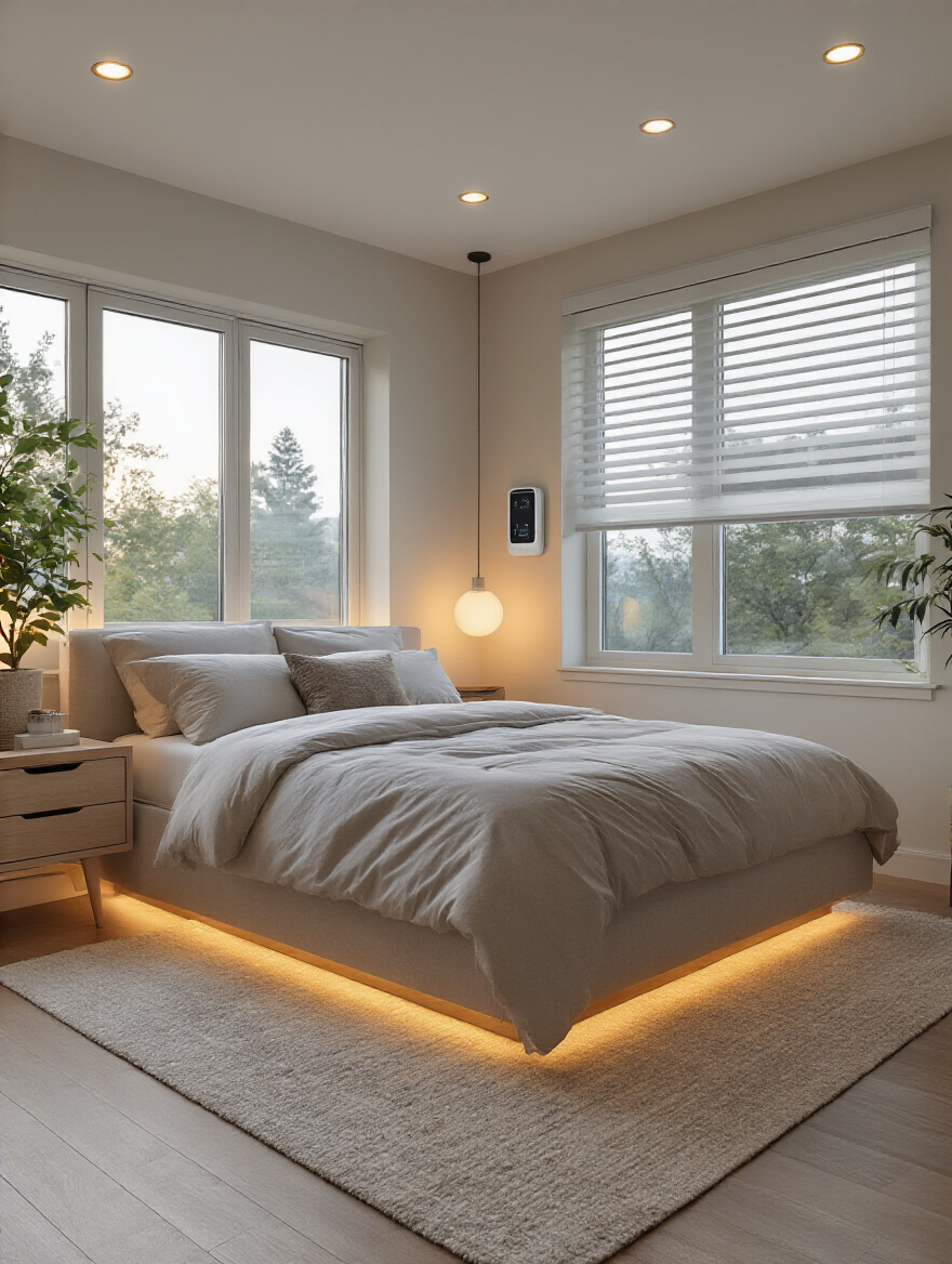 Portrait view of a modern bedroom with integrated smart home technology for effortless comfort
