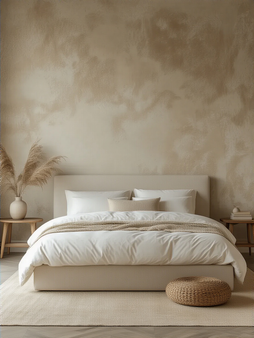Suede-like textured bedroom wall with durable coating in warm light