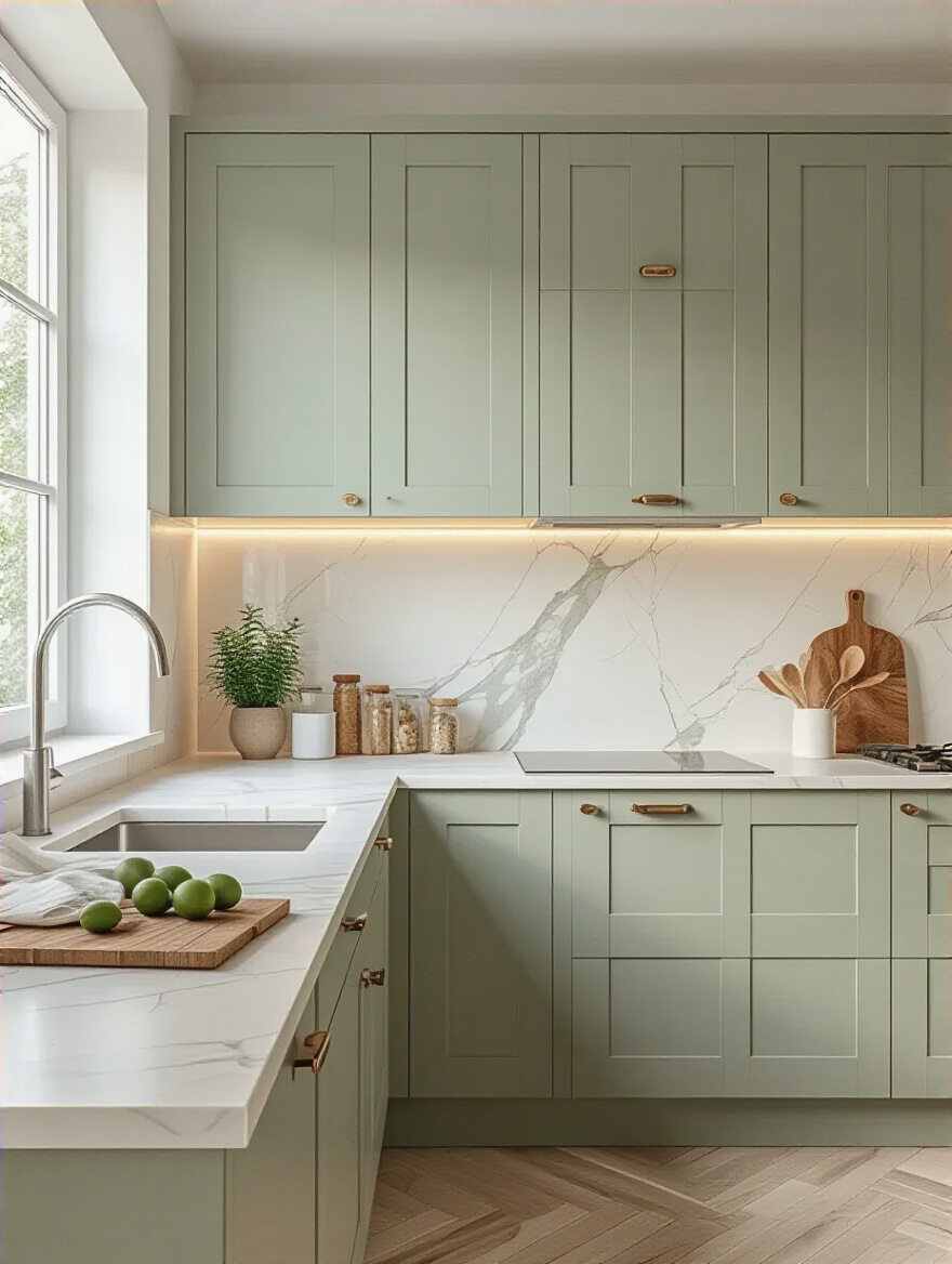 Portrait of a modern kitchen with sage green cabinetry and integrated backsplash