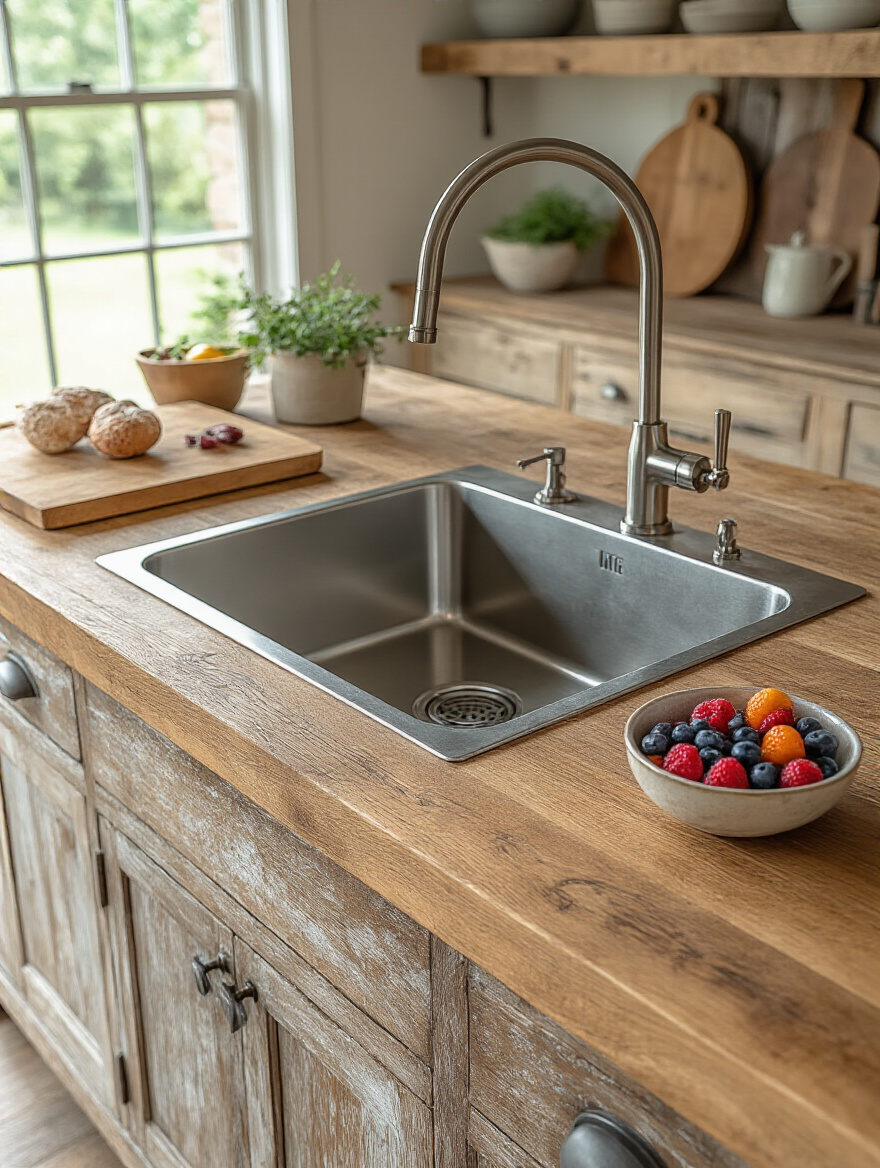 Farmhouse kitchen island with integrated secondary prep sink, showing a clean, functional workspace designed for efficient meal preparation and culinary tasks.
